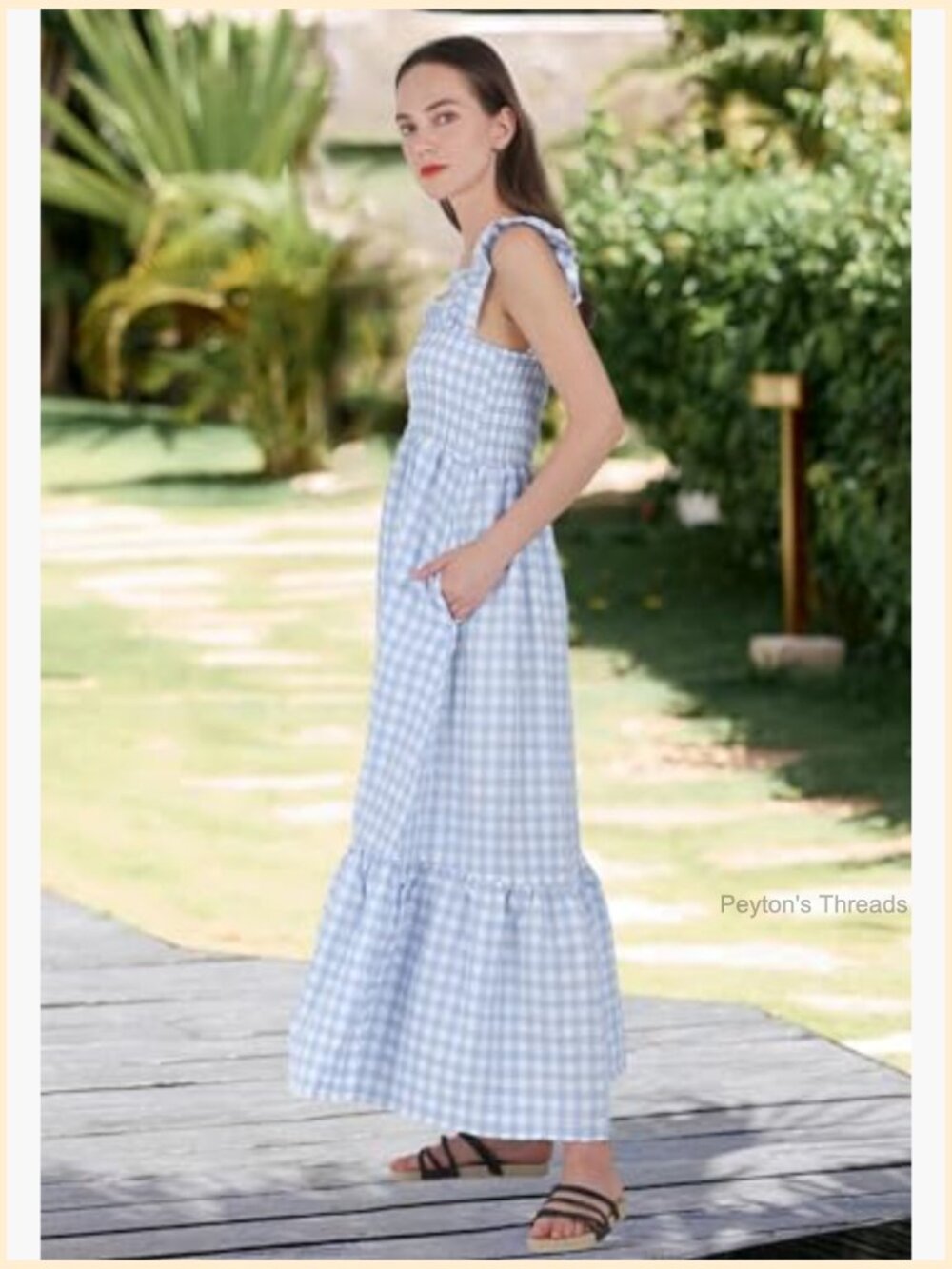 Retro Plaid Smocked Dress Spaghetti Strap Flounce Long Dress - Picture 3 of 7